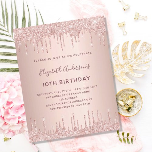 Rose gold glitter drips budget Birthday invitation