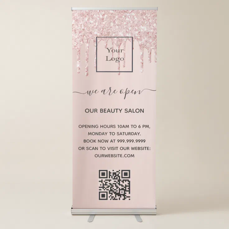 Rose gold glitter drips business logo qr code retractable banner | Zazzle