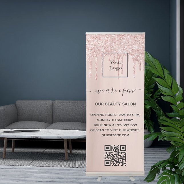 Rose gold glitter drips business logo qr code retractable banner (Creator Uploaded)