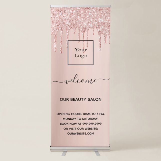 Rose gold glitter drips business logo welcome retractable banner (Front)