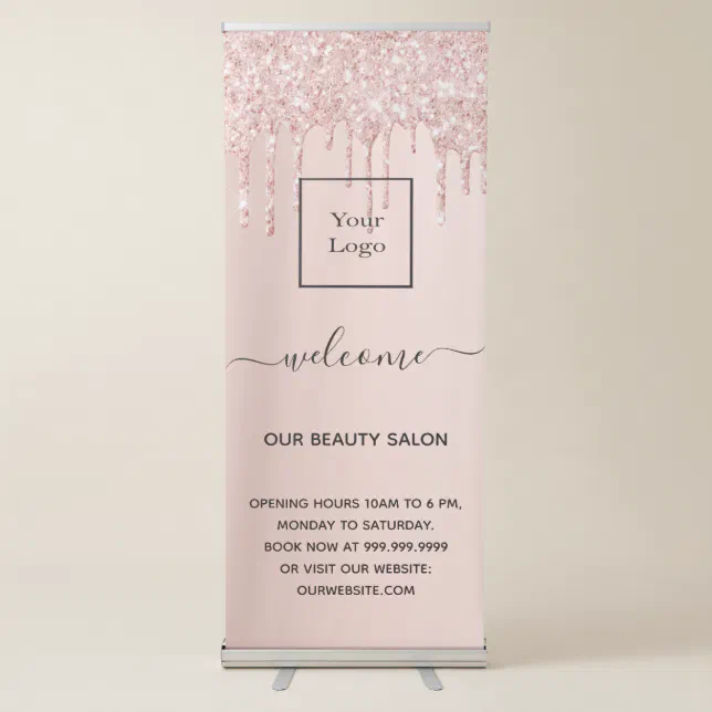 Rose Gold Glitter Drips Business Logo Welcome Retractable Banner Zazzle