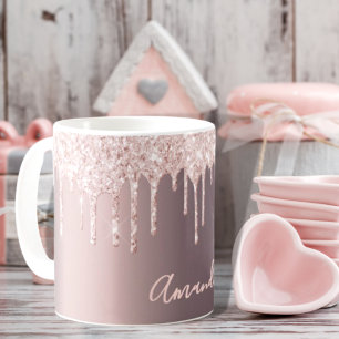 Rose gold glitter drips caffe latte name sparkle coffee mug