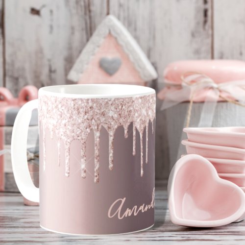 Rose gold glitter drips caffe latte name sparkle coffee mug