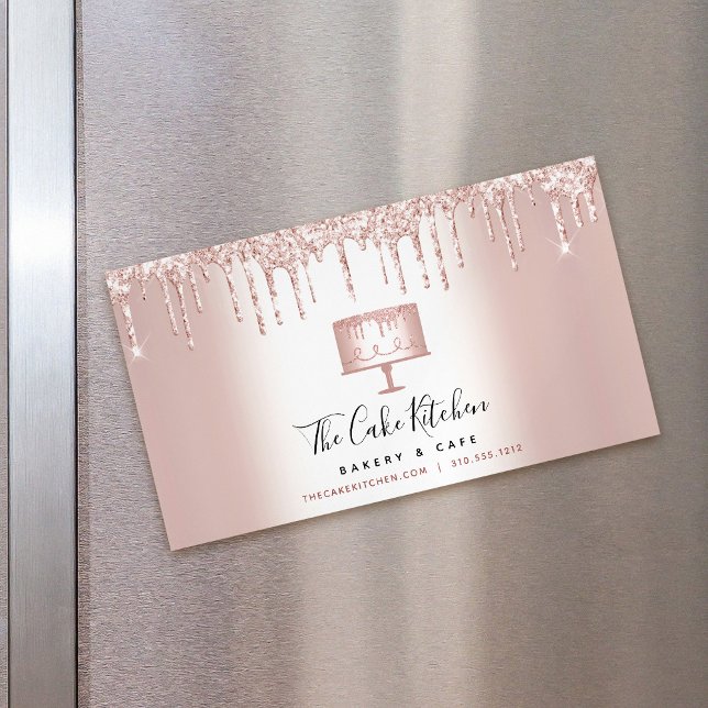 Rose Gold Glitter Drips Cake Bakery Pastry Chef  Business Card Magnet (Creator Uploaded)