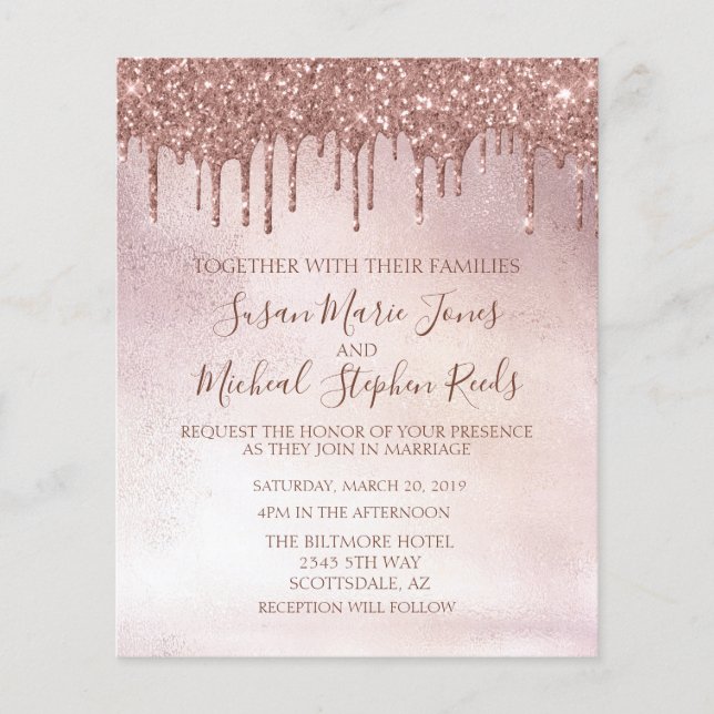Rose Gold Glitter Drips  Calligraphy Wedding Invit Flyer (Front)