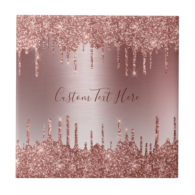 Rose Gold Glitter Drips Ceramic Tile (Front)
