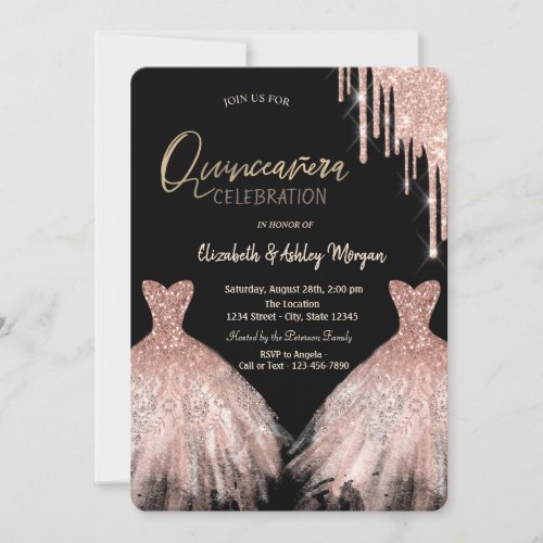 Rose Gold Glitter Drips Chic Dress Black Invitation