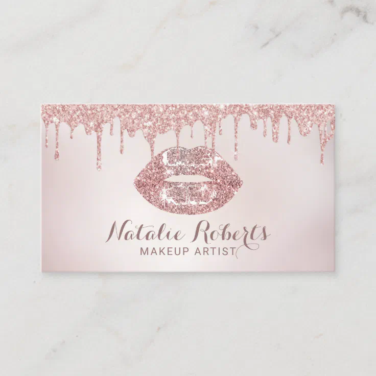 Rose Gold Glitter Drips Chic Lips Makeup Artist Business Card Zazzle 4473