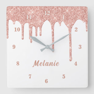 Rose Gold Glitter Drips Clock with Custom Name