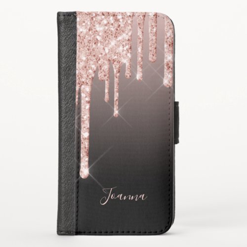 Rose gold glitter drips copper ombre girly iPhone x wallet case