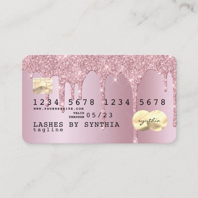 Rose gold glitter drips Credit Card gold hologram (Front)