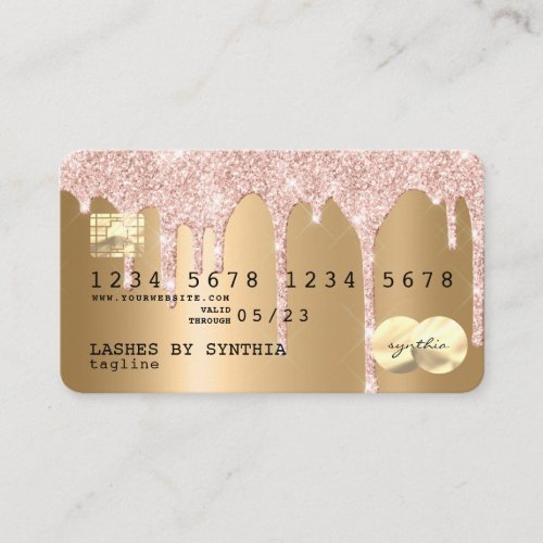 Rose gold glitter drips Credit Card gold hologram