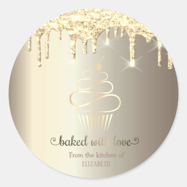 Rose Gold Glitter Drips Cupcake Kitchen Classic Round Sticker (Front)