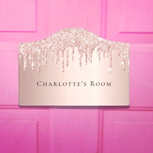 Rose gold glitter drips custom monogram name door sign