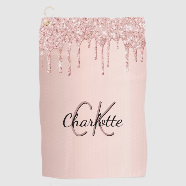 Rose gold glitter drips custom monogram name  golf towel (Front)