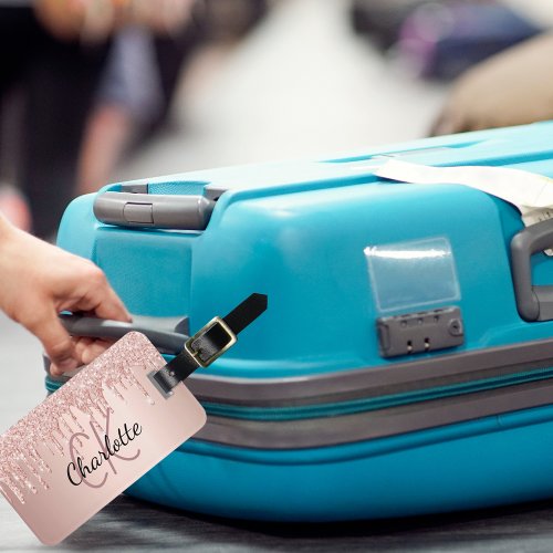 Rose gold glitter drips custom monogram name luggage tag