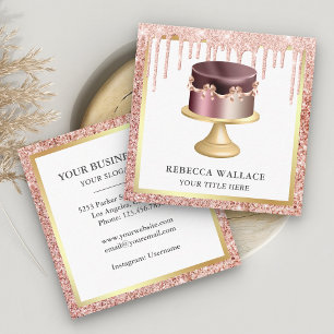Rose Gold Glitter Drips Custom Pink Cake Bakery Square Business Card
