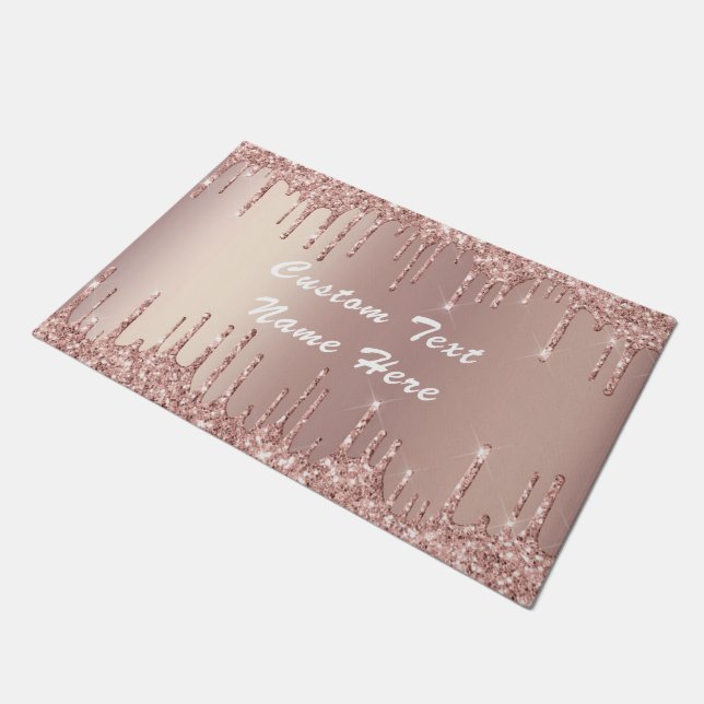 Rose Gold Glitter Drips Doormat Personalized Text (Angled)