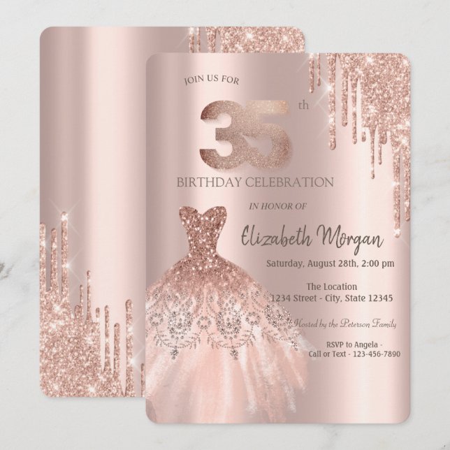 Rose Gold Glitter Drips Dress 35th Birthday Party  Invitation (Front/Back)