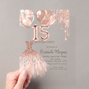 Rose Gold Glitter Drips Dress Balloons Quinceanera Acrylic Invitations