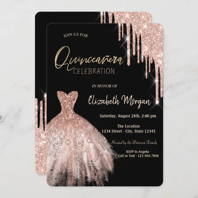 Rose Gold Glitter Drips Dress Black Quinceañera Invitation Zazzle 