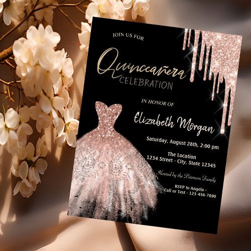 Rose Gold Glitter Drips Dress Black Quinceaera  Invitation