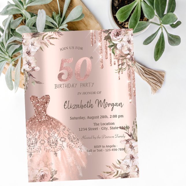 Rose Gold Glitter Drips Dress Floral 50th Birthday Invitation (Creator Uploaded)