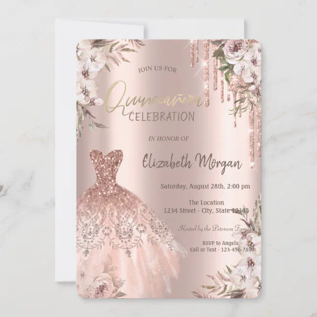 Rose Gold Glitter Drips Dress Flowers Quinceañera Invitation Zazzle