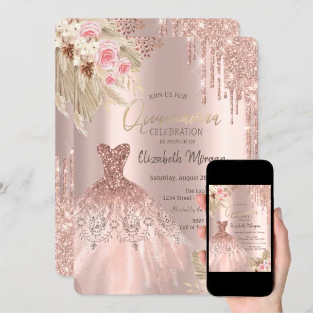 Rose Gold Glitter Drips Dress Flowers Quinceañera Invitation Zazzle 5710