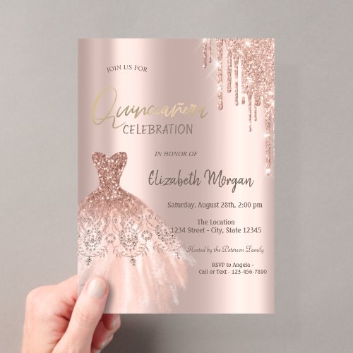 Rose Gold Glitter Drips Dress Quinceañera Acrylic Invitations