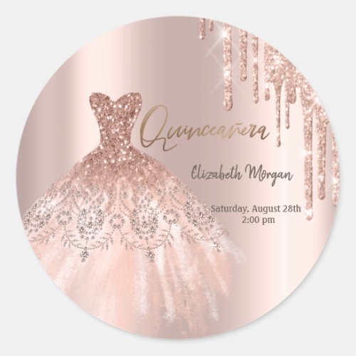 Rose Gold Glitter Drips Dress Quinceaera Classic Round Sticker