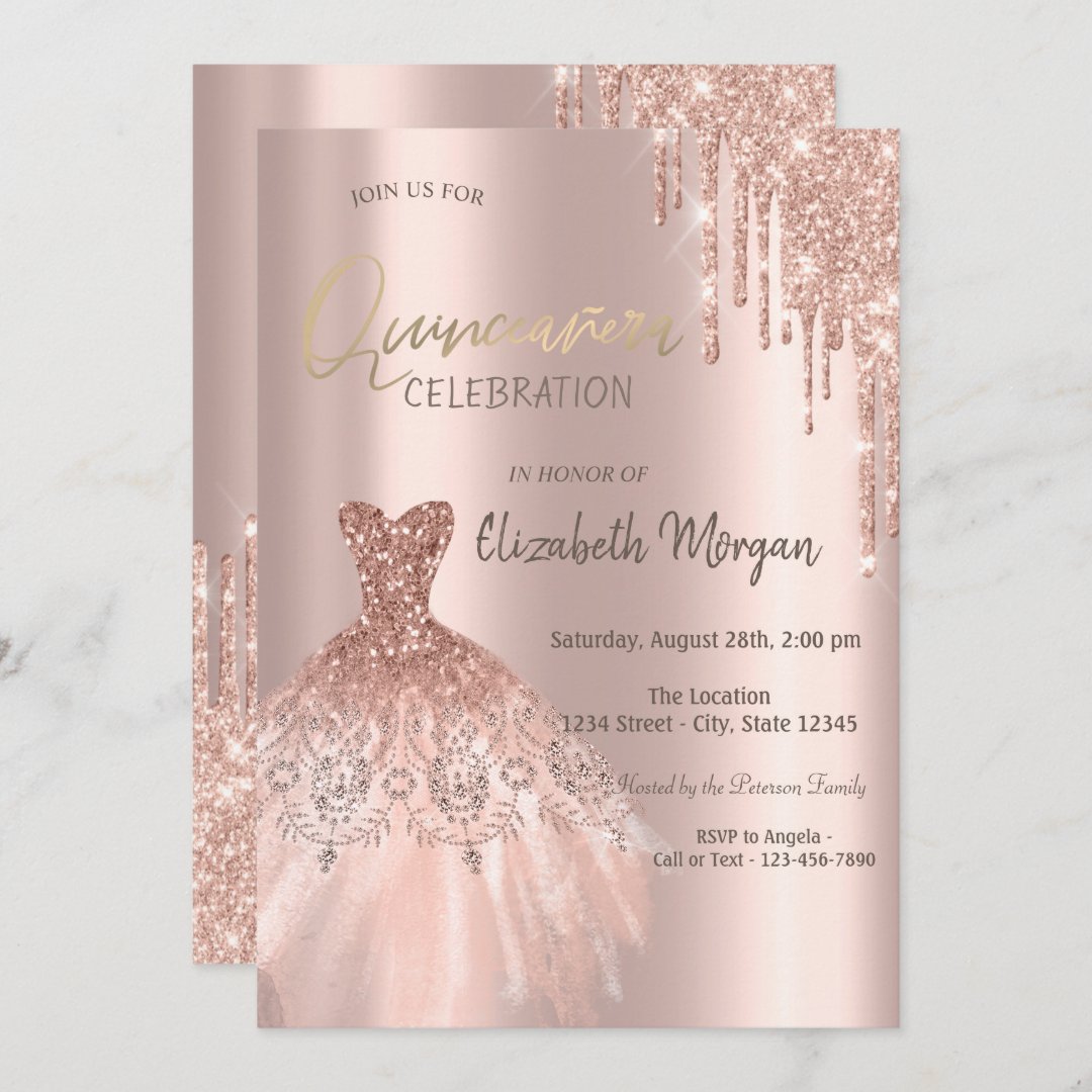 Rose Gold Glitter Drips Dress Quinceañera Invitati Invitation Zazzle 8720