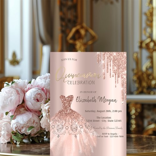 Rose Gold Glitter Drips Dress Quinceaera Invitati Invitation