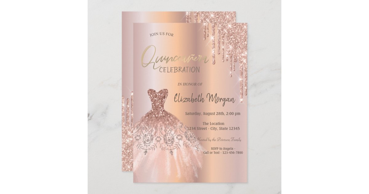 Rose Gold Glitter Drips Dress Quinceañera Invitation 