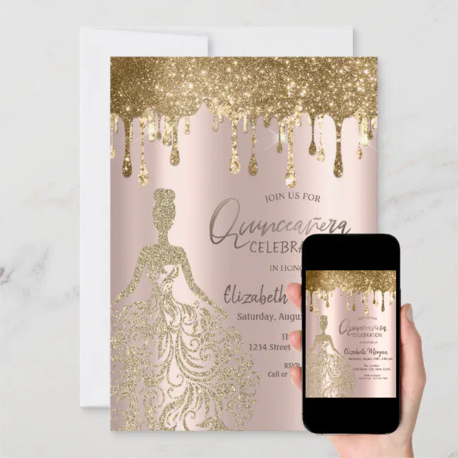 Rose Gold Glitter Drips Dress Quinceanera Invitation Zazzle 3363