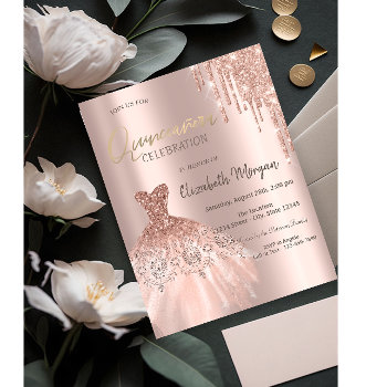 Rose Gold Glitter Drips Dress Quinceañera Invitation by Biglibigli at Zazzle
