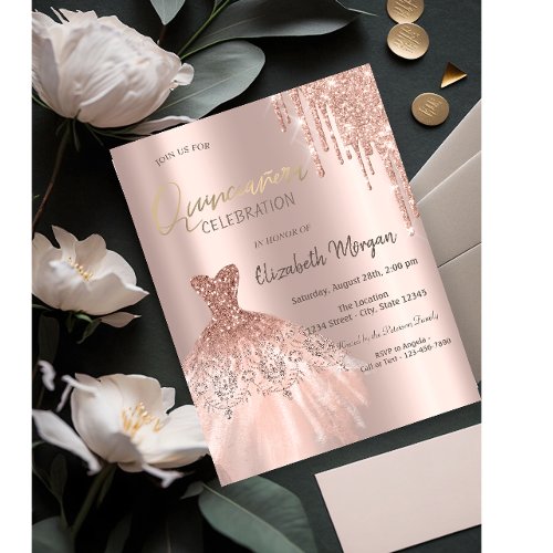 Rose Gold Glitter Drips Dress Quinceaera Invitation