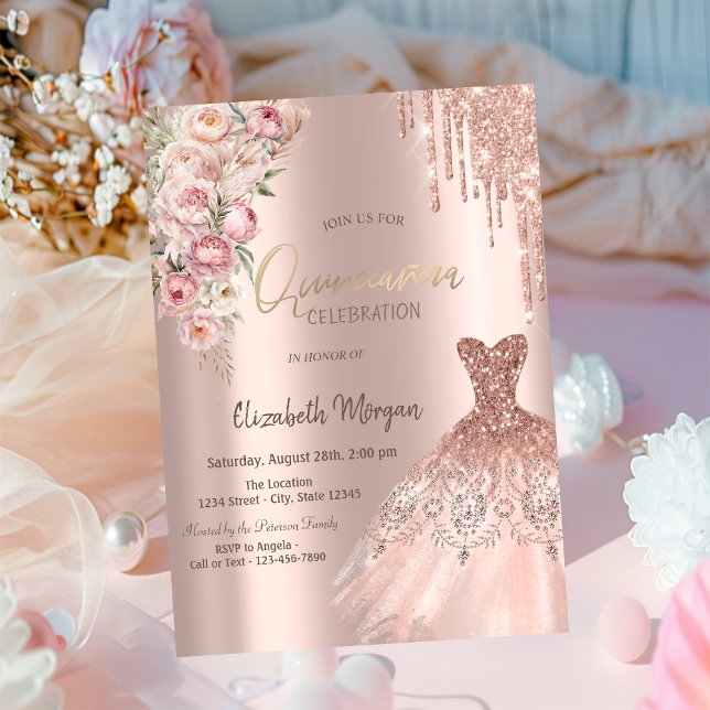 Rose Gold Glitter Drips Dress Roses Quinceañera Invitation (Creator Uploaded)