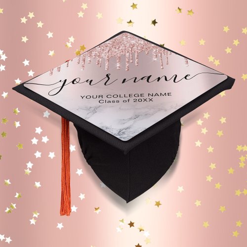 Rose Gold Glitter Drips Elegant Chic Typography Graduation Cap Topper