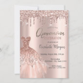 Rose Gold Glitter Drips Elegant Dress Quinceañera Invitation (Front)
