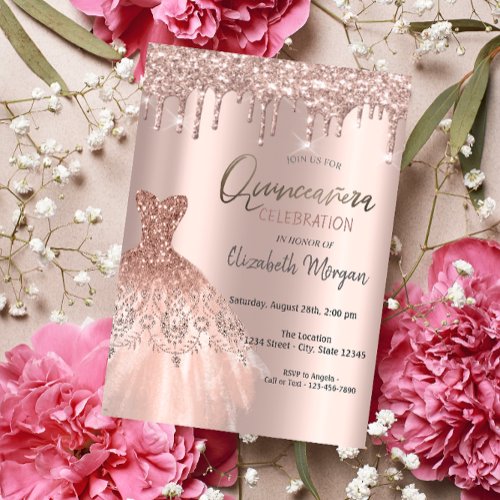 Rose Gold Glitter Drips Elegant Dress Quinceaera Invitation