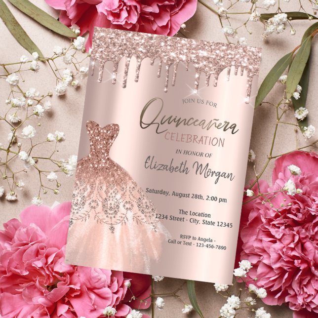 Rose Gold Glitter Drips Elegant Dress Quinceañera Invitation