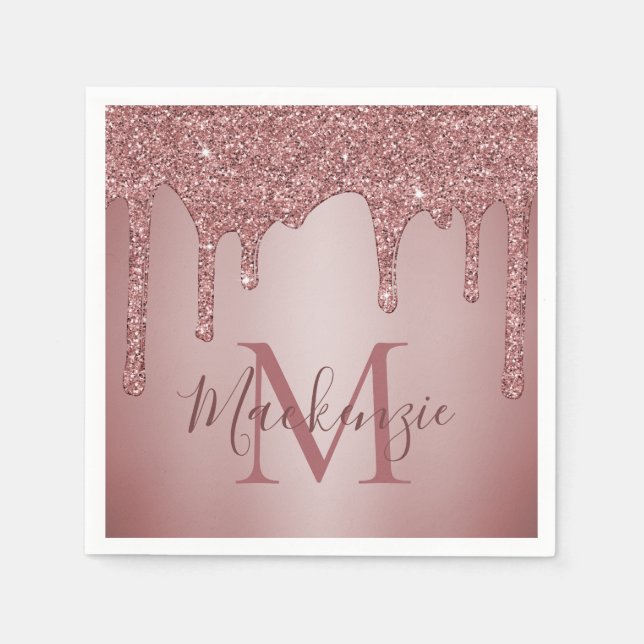 Rose Gold Glitter Drips Fashion Monogram Napkins (Front)