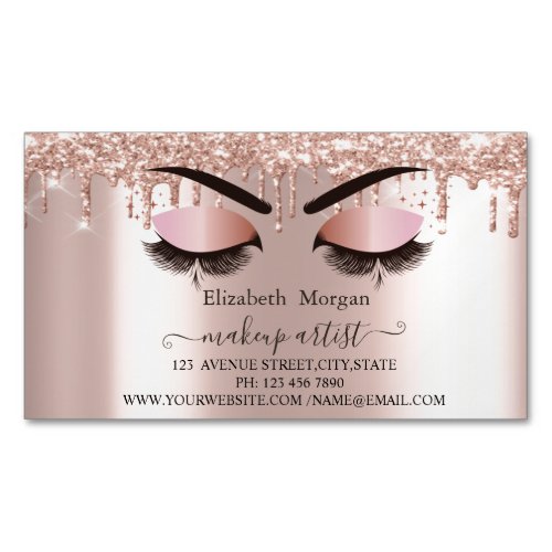 Rose Gold Glitter Drips Faux LashesMakeup Artist Business Card Magnet