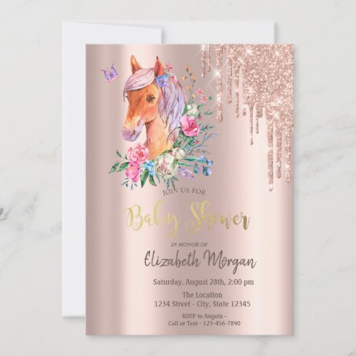 Rose Gold Glitter Drips Floral Pony Baby Shower Invitation