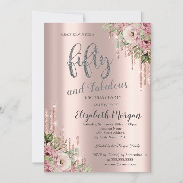  Rose Gold Glitter Drips Flowers 50th Birthday  Invitation (Front)