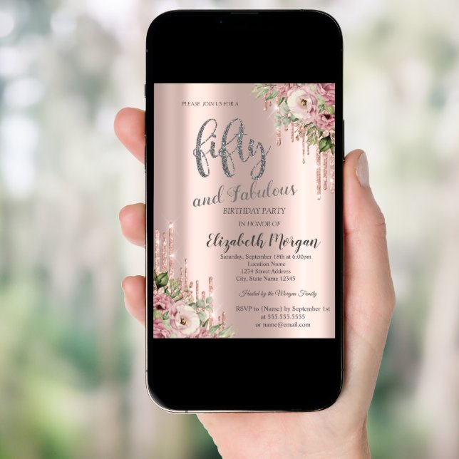  Rose Gold Glitter Drips Flowers 50th Birthday  Invitation (Front Digital)