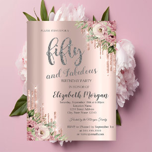  Rose Gold Glitter Drips Flowers 50th Birthday  Invitation