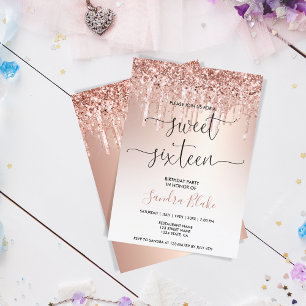 Rose Gold Glitter Drips Girly Modern Sweet 16 Invitation