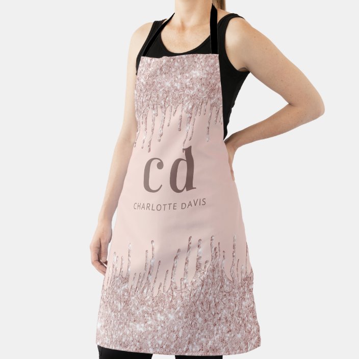 Rose Gold Glitter Drips Girly Monogram Business Apron 7870